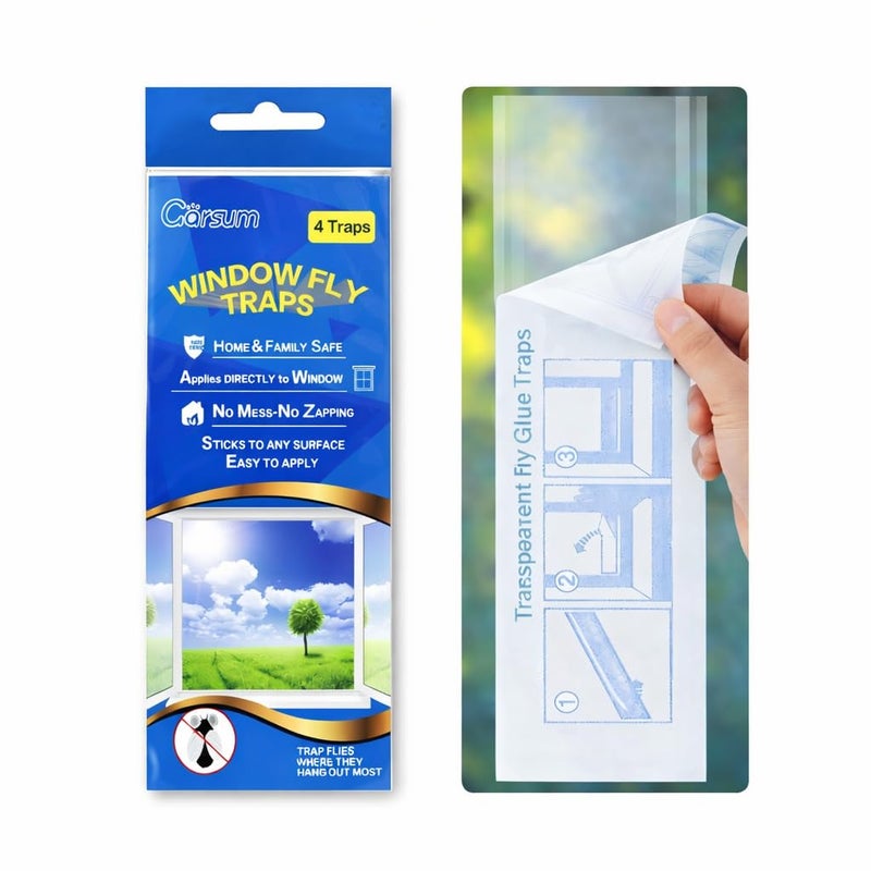Garsum Window Fly Traps Indoor, Fly Paper Bug Sticky Strips, House Fly Killer Window Decal Non-Toxic,4 Pcs - Image 1